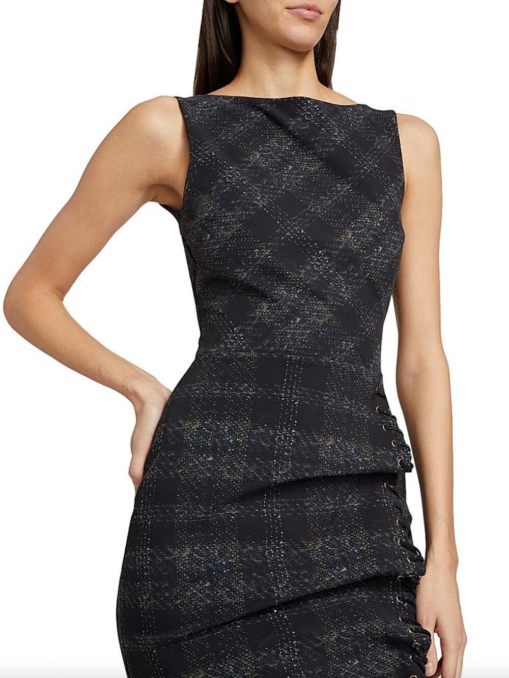 $890 Chiara Boni Adlia Plaid Print Dress Sz 8 NWT Boucle Gray Asymmetric Drape - Picture 5 of 9